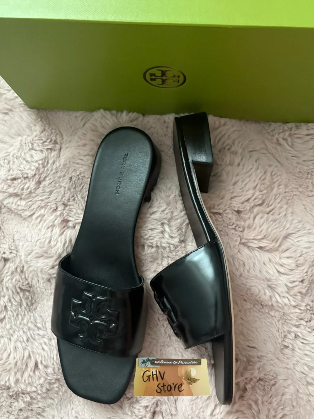 Tory Burch Black Patent Logo Slide Mules